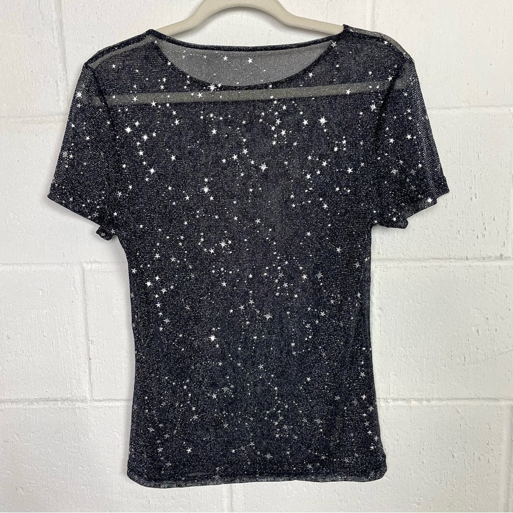 Mangopop Tee Sheer Black Fitted Metallic Stars Whimsigoth Dark Fairy Ethereal XL - Picture 8 of 12